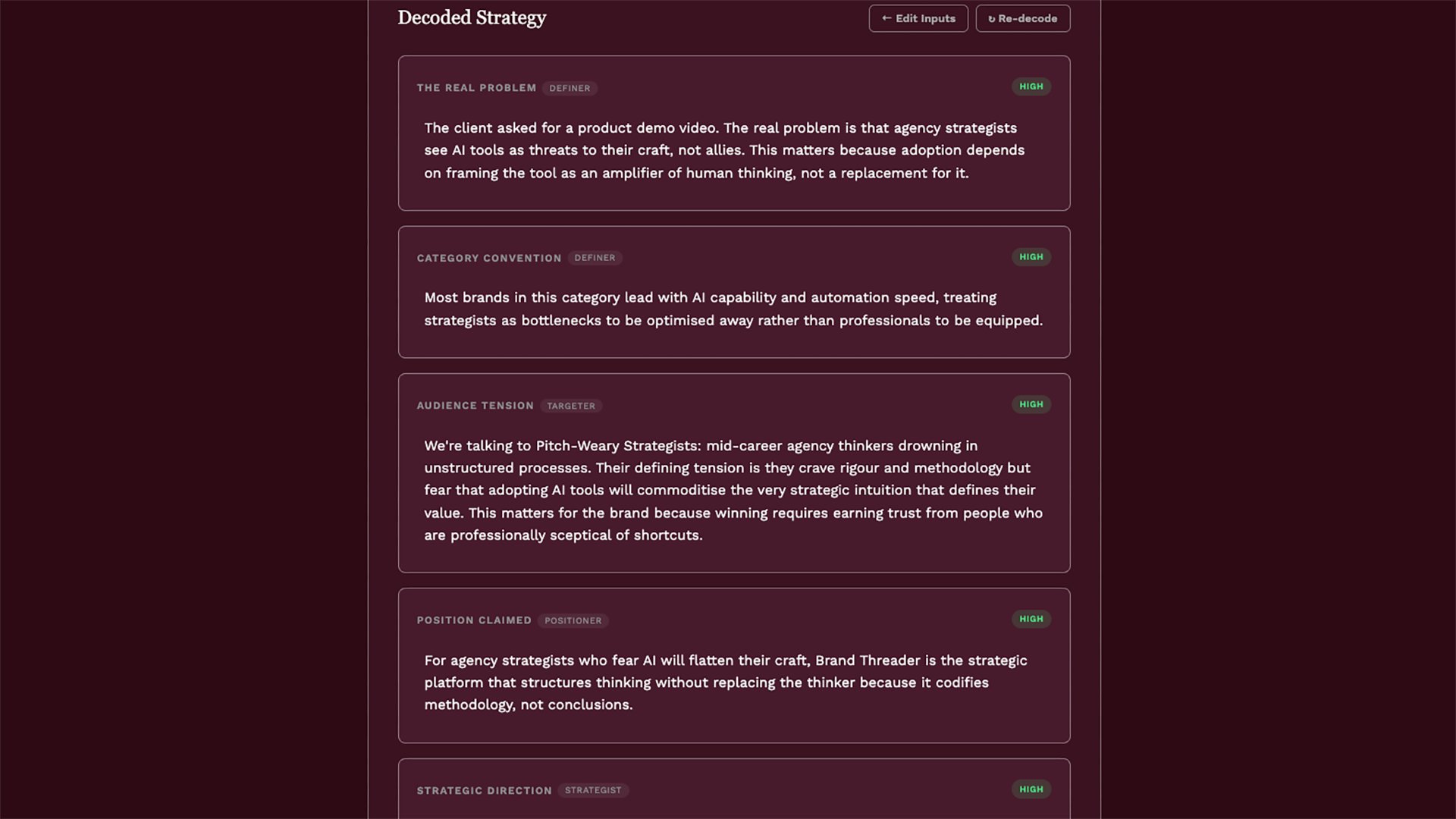 The Decoder: Decoded strategy showing real problem, category convention, audience tension, and position claimed