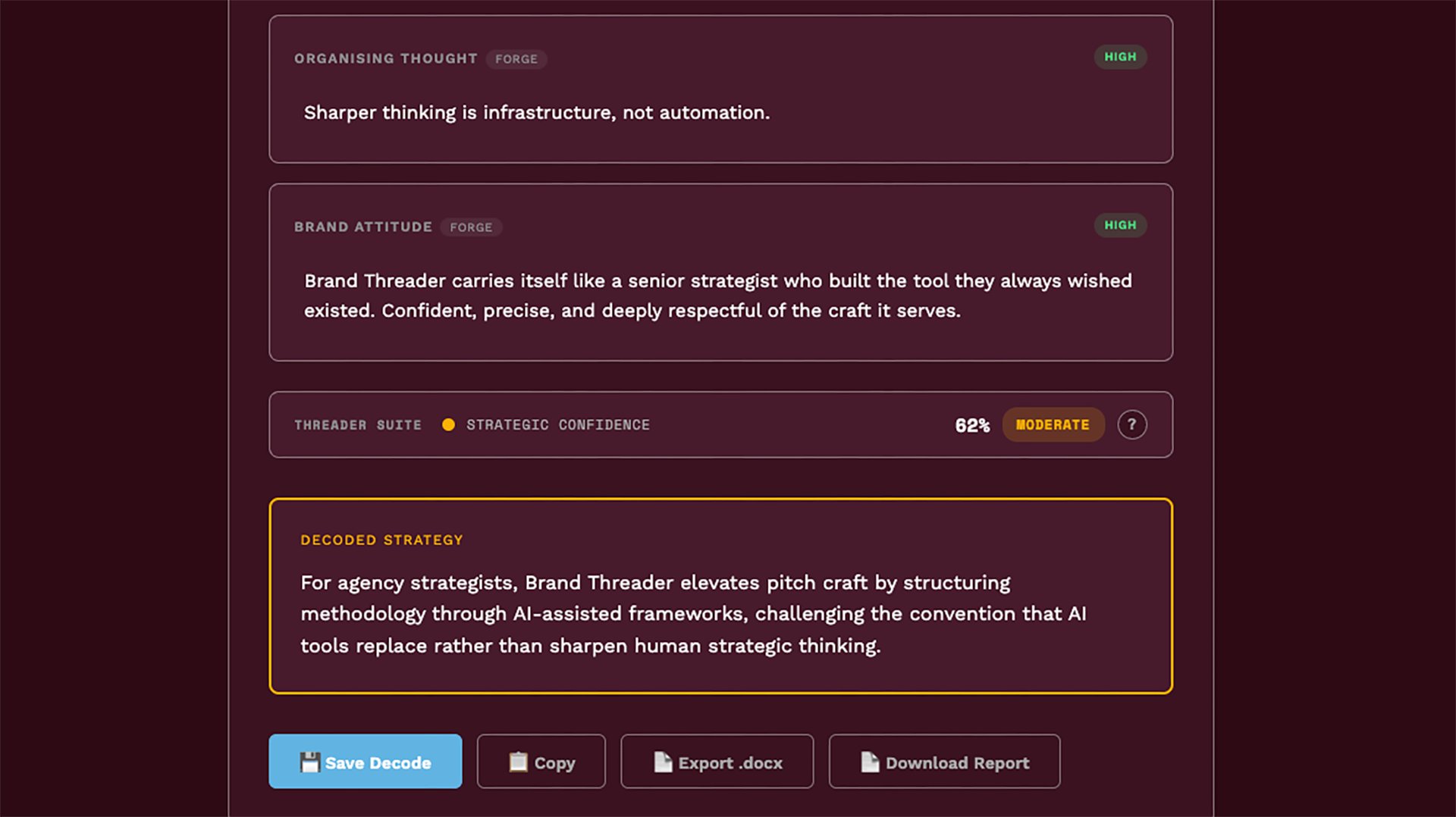 The Decoder: Strategic confidence score, decoded strategy summary, and Download Report button