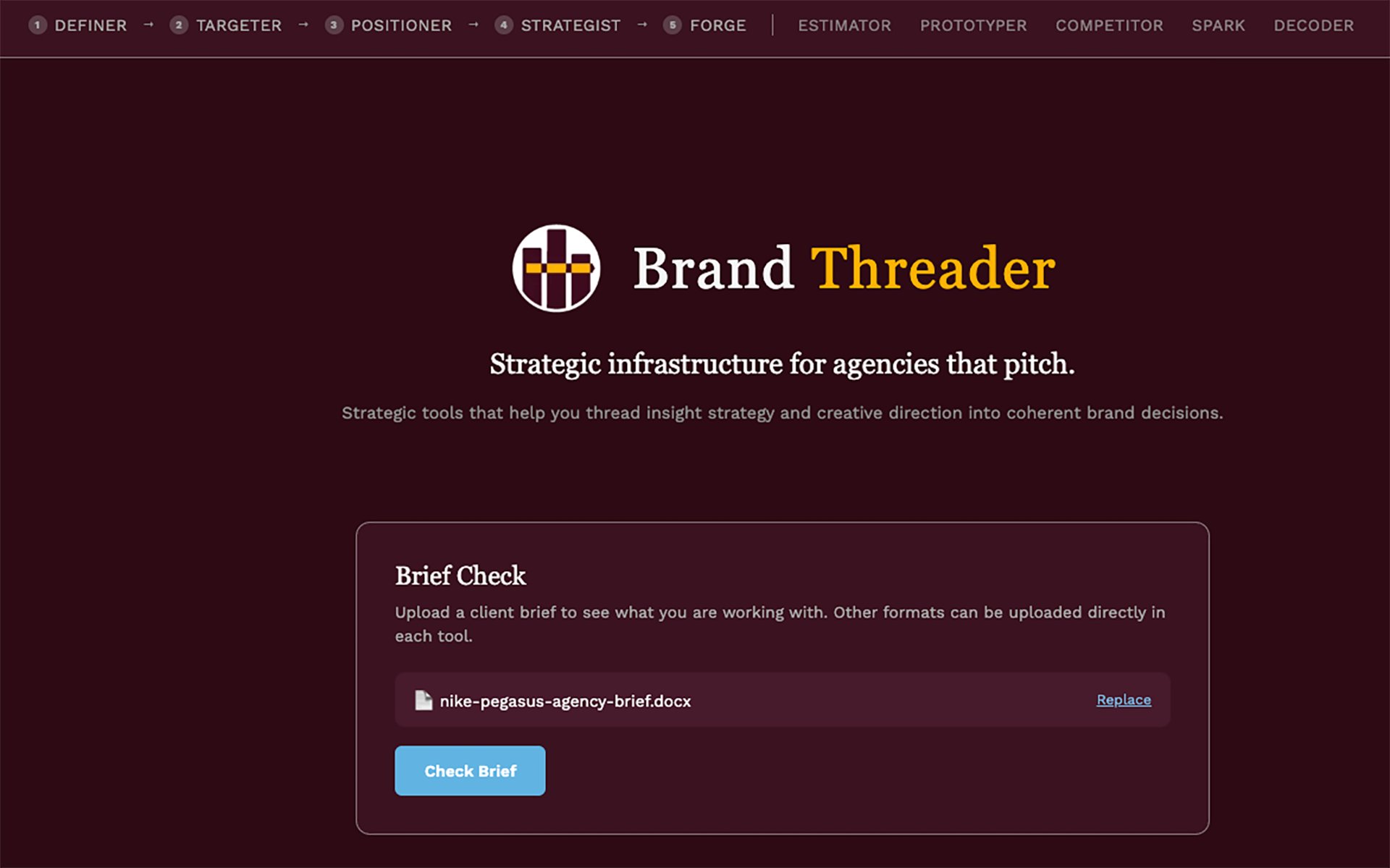 Brand Threader Brief Check: Hub with Nike Pegasus agency brief uploaded, ready to analyse