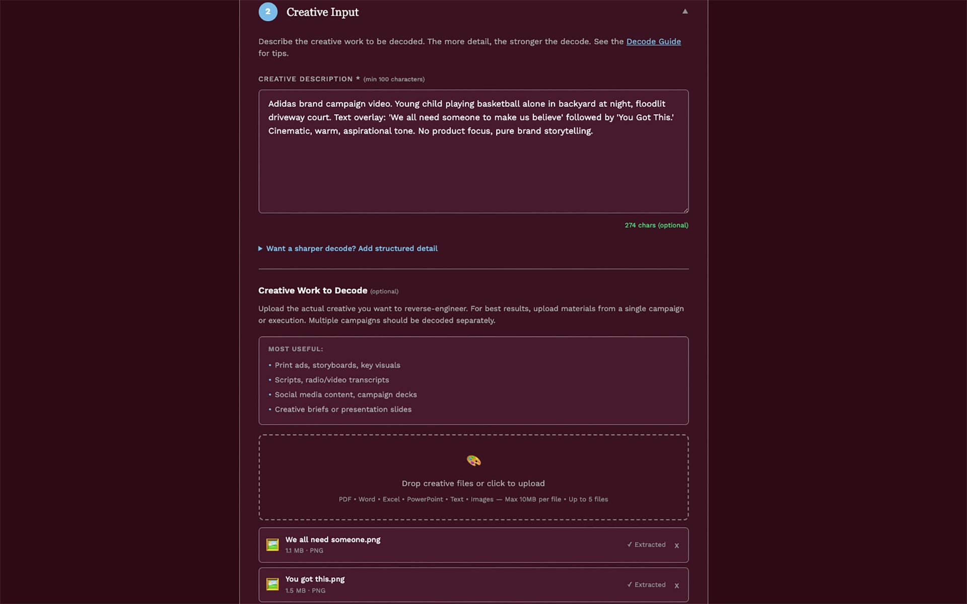 Brand Threader Decoder: Creative Input step showing Adidas campaign description with two uploaded campaign screenshots marked as Extracted