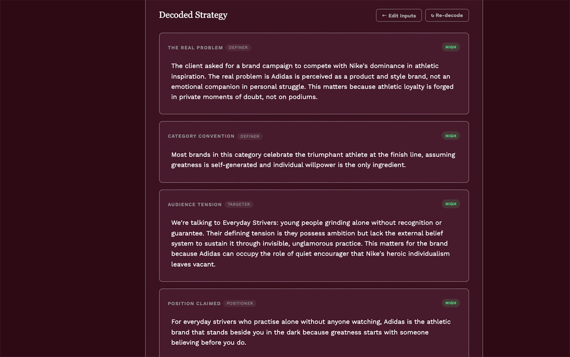 Brand Threader Decoder: Decoded Strategy showing eight fields including The Real Problem, Category Convention, Audience Tension, and Position Claimed, all rated HIGH confidence