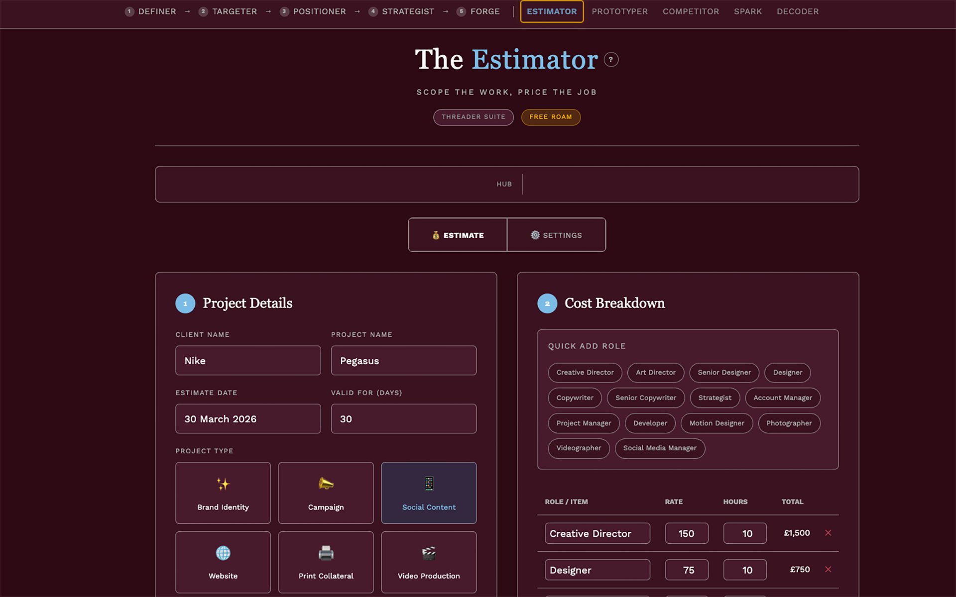 Brand Threader Estimator: Project Setup showing Nike Pegasus Social Content project with Project Details, Cost Breakdown, Quick Add Role chips, and line items with rates and hours