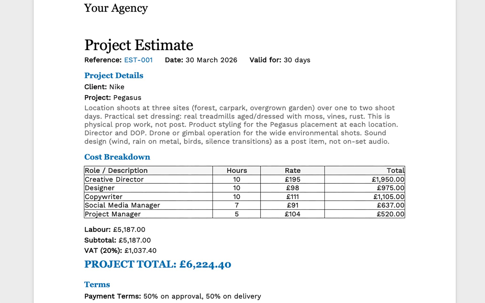 Brand Threader Estimator: Exported Word document showing professional Project Estimate with cost breakdown table, payment terms, and project total