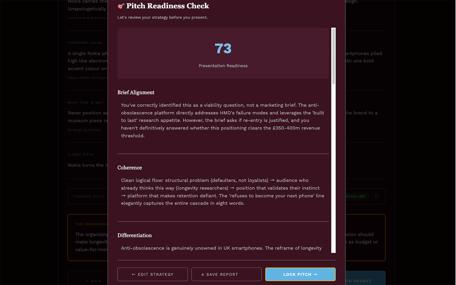 Brand Threader Creative Forge: Pitch Readiness Check showing 73 Presentation Readiness score with Brief Alignment, Coherence, and Differentiation assessments