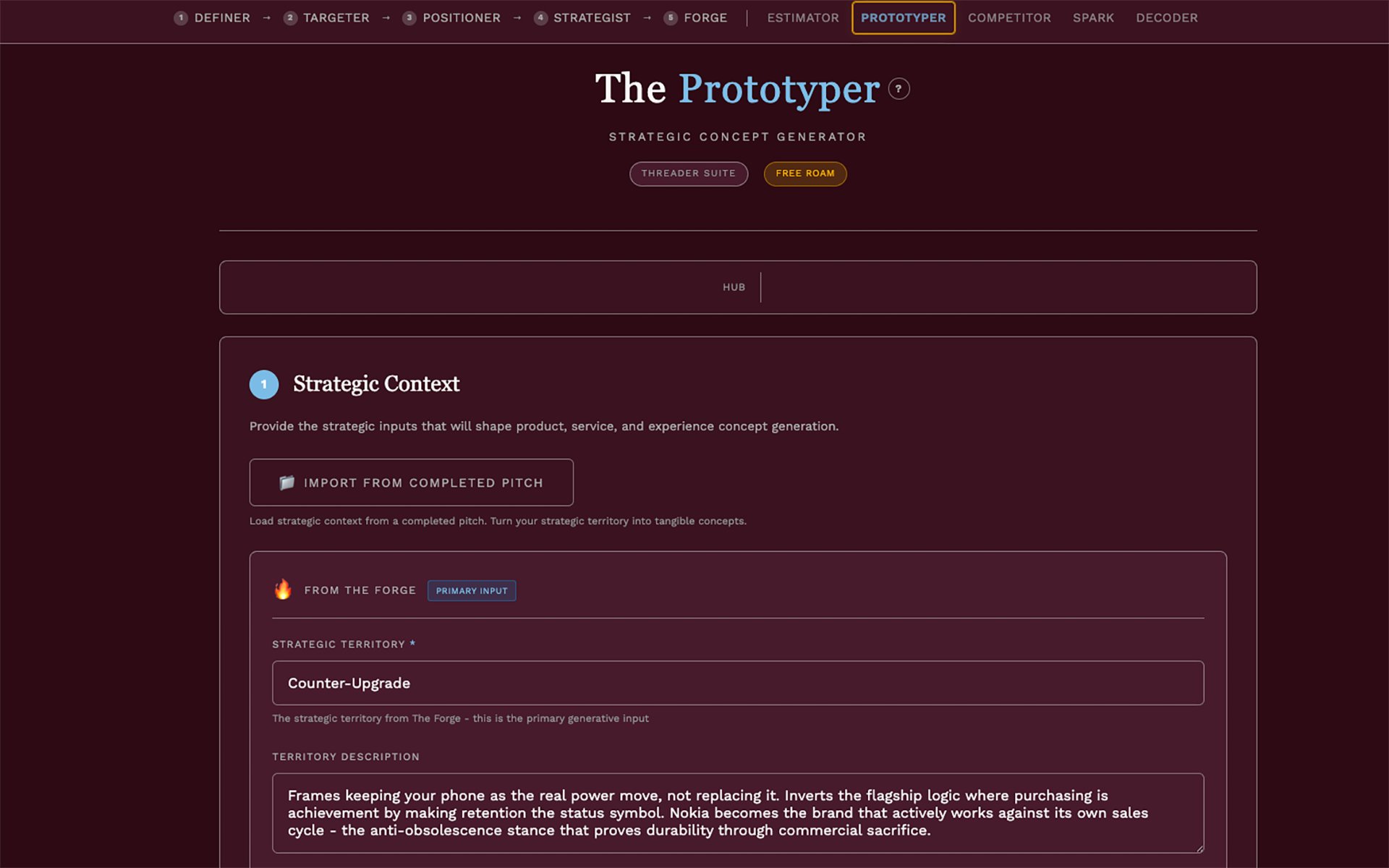 Brand Threader Prototyper: Strategic Context showing Import from Completed Pitch with Counter-Upgrade territory loaded from The Forge and territory description