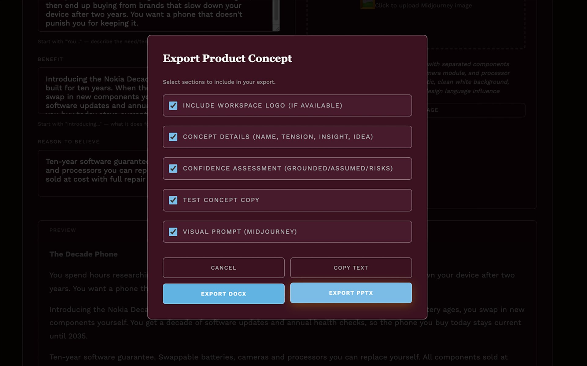 Brand Threader Prototyper: Export Product Concept modal with Concept Details, Confidence Assessment, Test Concept Copy, Visual Prompt sections and Export DOCX and PPTX buttons