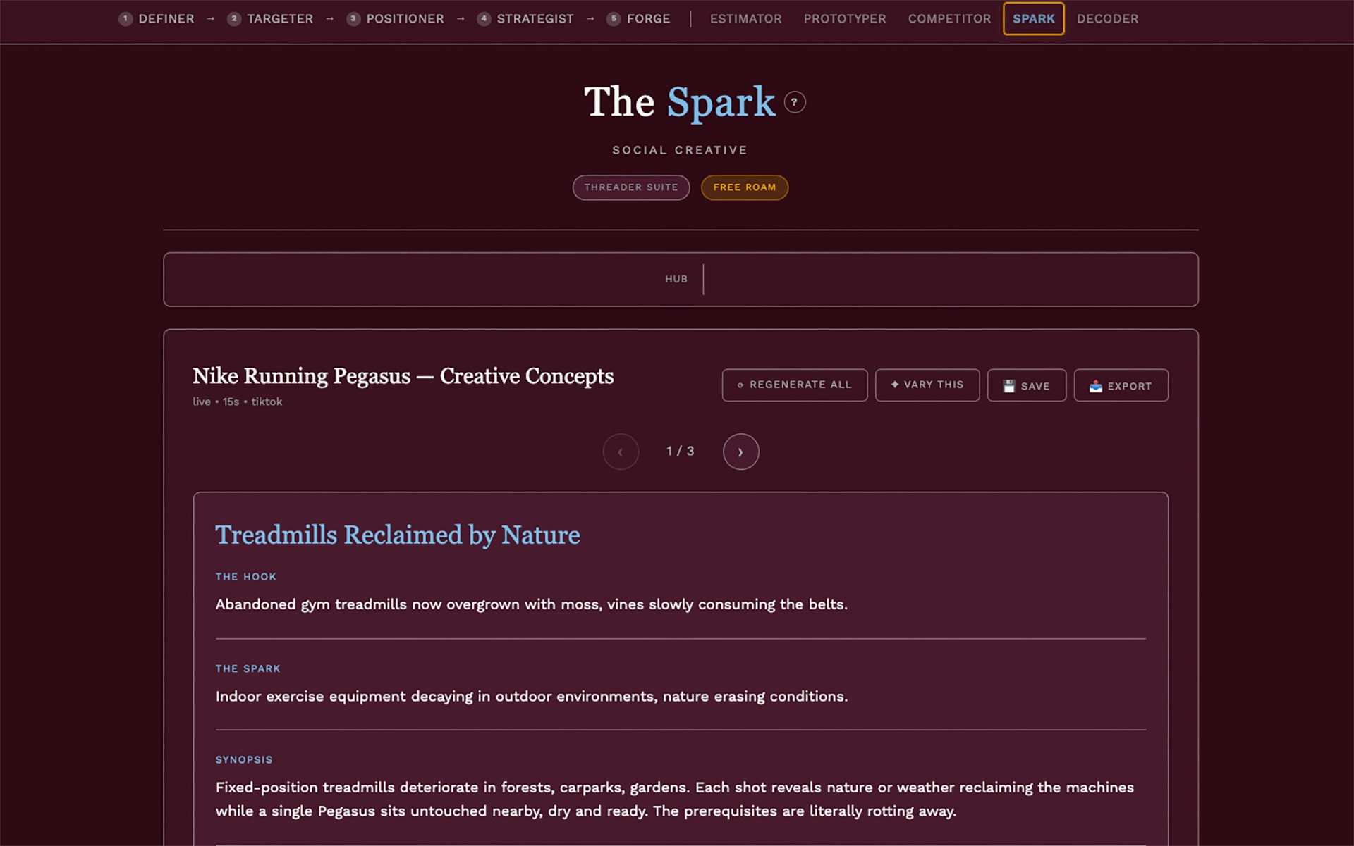 Brand Threader Spark: Creative Concept showing Treadmills Reclaimed by Nature with hook, spark, synopsis, and 1/3 carousel for a Nike Pegasus 15-second TikTok video