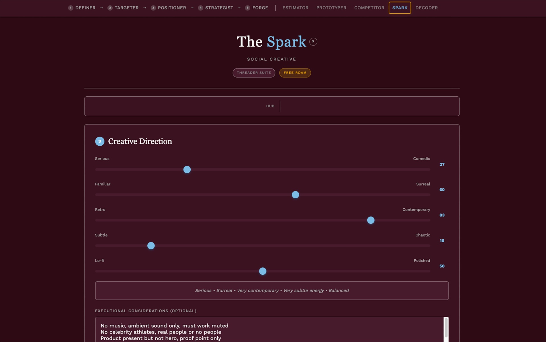 Brand Threader Spark: Creative Direction sliders for Serious/Comedic, Familiar/Surreal, Retro/Contemporary, Subtle/Chaotic, Lo-fi/Polished with executional considerations
