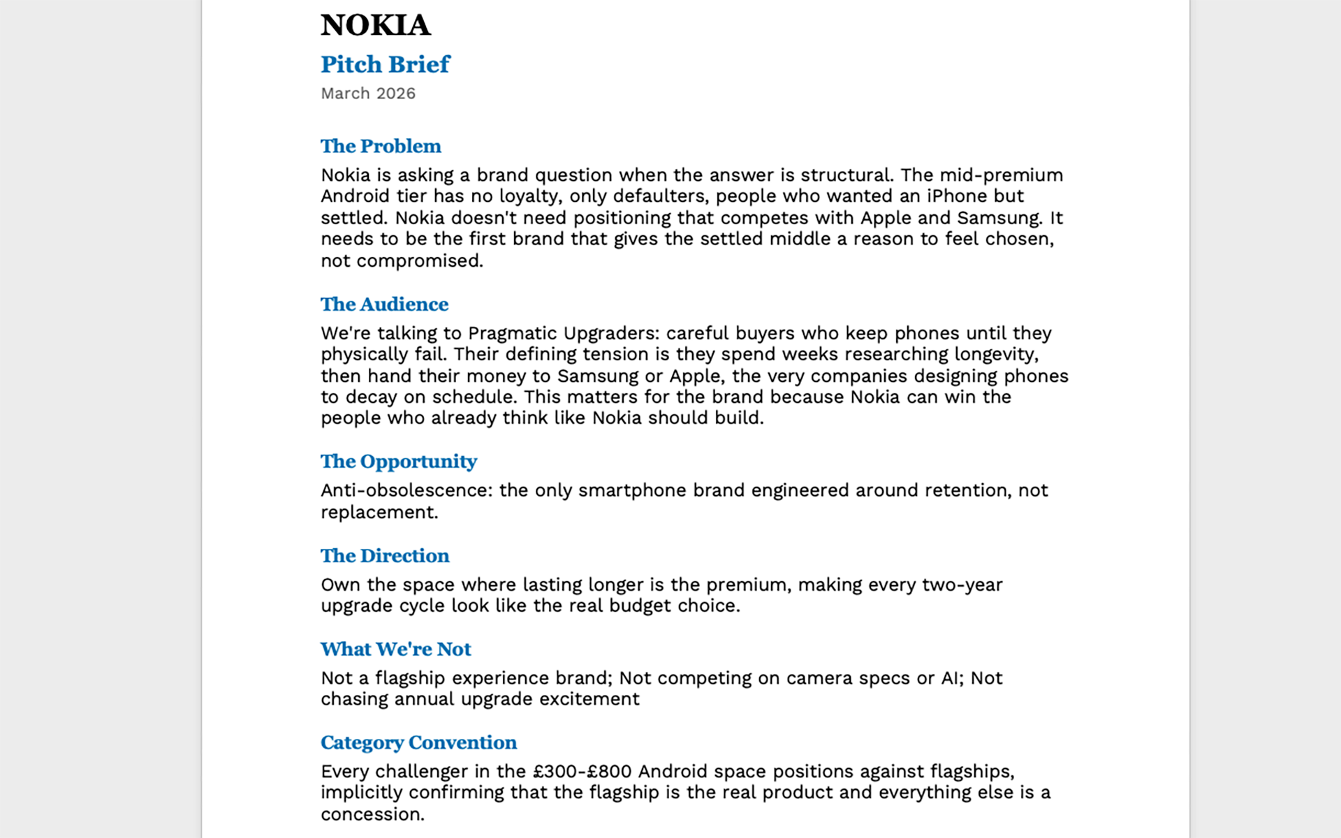 Brand Threader Strategist: Exported Word document showing Nokia Pitch Brief with blue accent headings